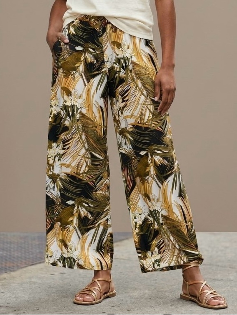 NWT Cupshe Black Tropical Palm Leaf & Floral Wide Leg Pants with Pockets Large